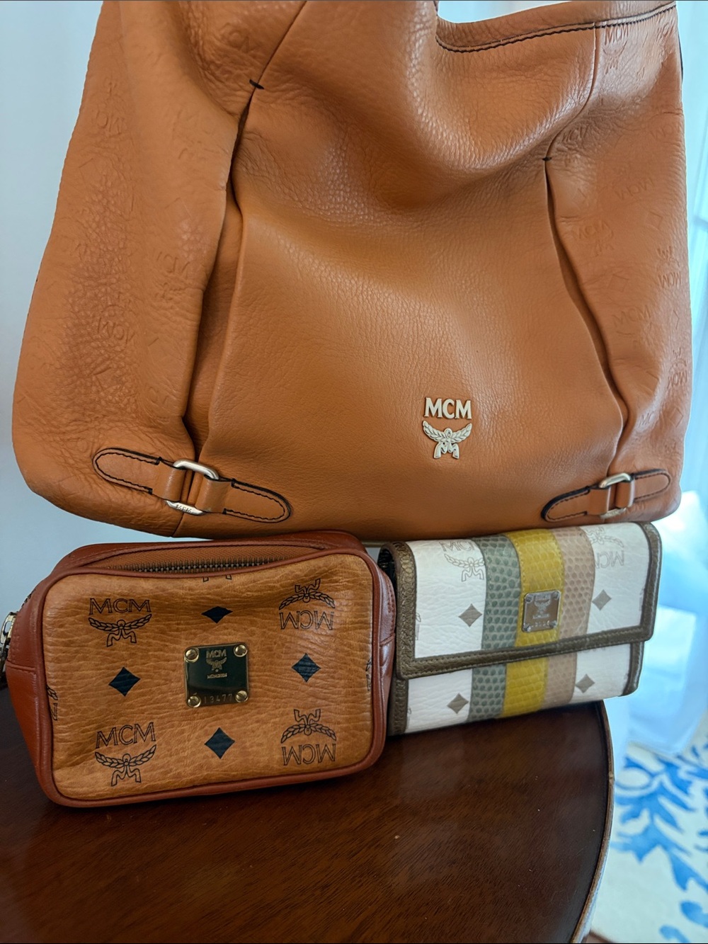 MCM Tan/Cognac Leather Shoulder Bag + Wallet + Pouch BUNDLE